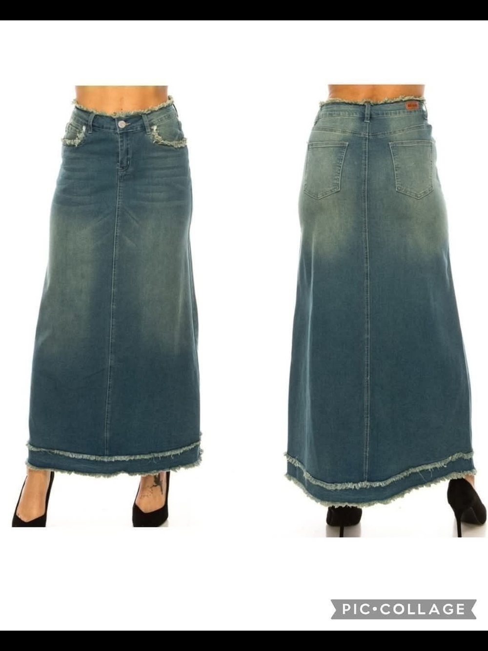 Frayed-Hem Blue Denim Maxi Skirt